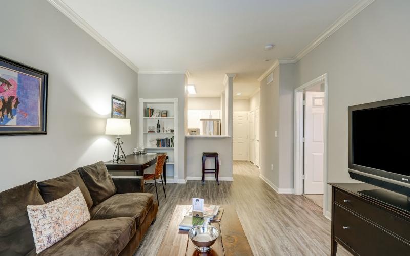 a living room with a tv and couches
